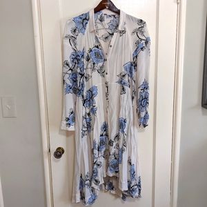 Free People Floral Collared Button Down Midi Dress, Size Small White, Light Blue